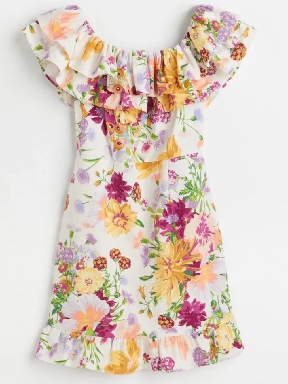 H&M White Floral Off-Shoulder Dress with Yellow & Pink Flowers